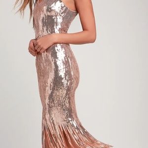 anjou rose gold sequin fringe midi dress